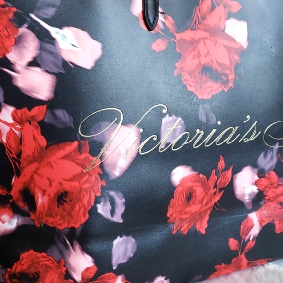 Victoria's Secret Red Black Floral Leather Classic Double Handle Tote Bag - Picture 6 of 16